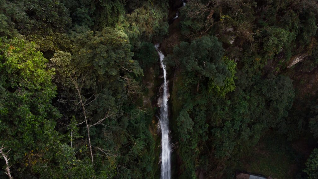 Ariel view of Changey Falls in Kalimpong