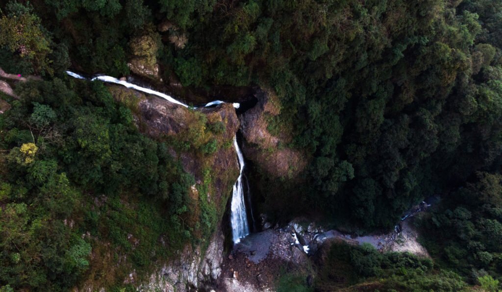 Scenic view of Changey Falls cascading through forest in Kalimpong